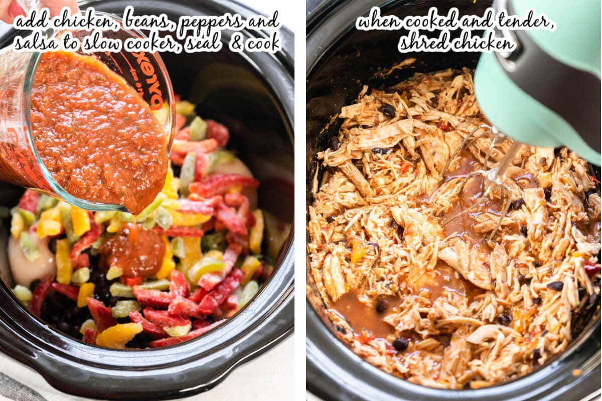 Instructions to make 4 ingredient crockpot chicken tacos.