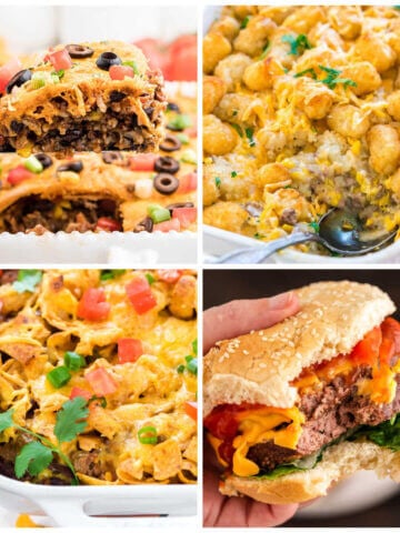 Collage of photos of Ground Beef recipes, cowboy casserole, taco casserole, double cheeseburger and tater tot casserole.