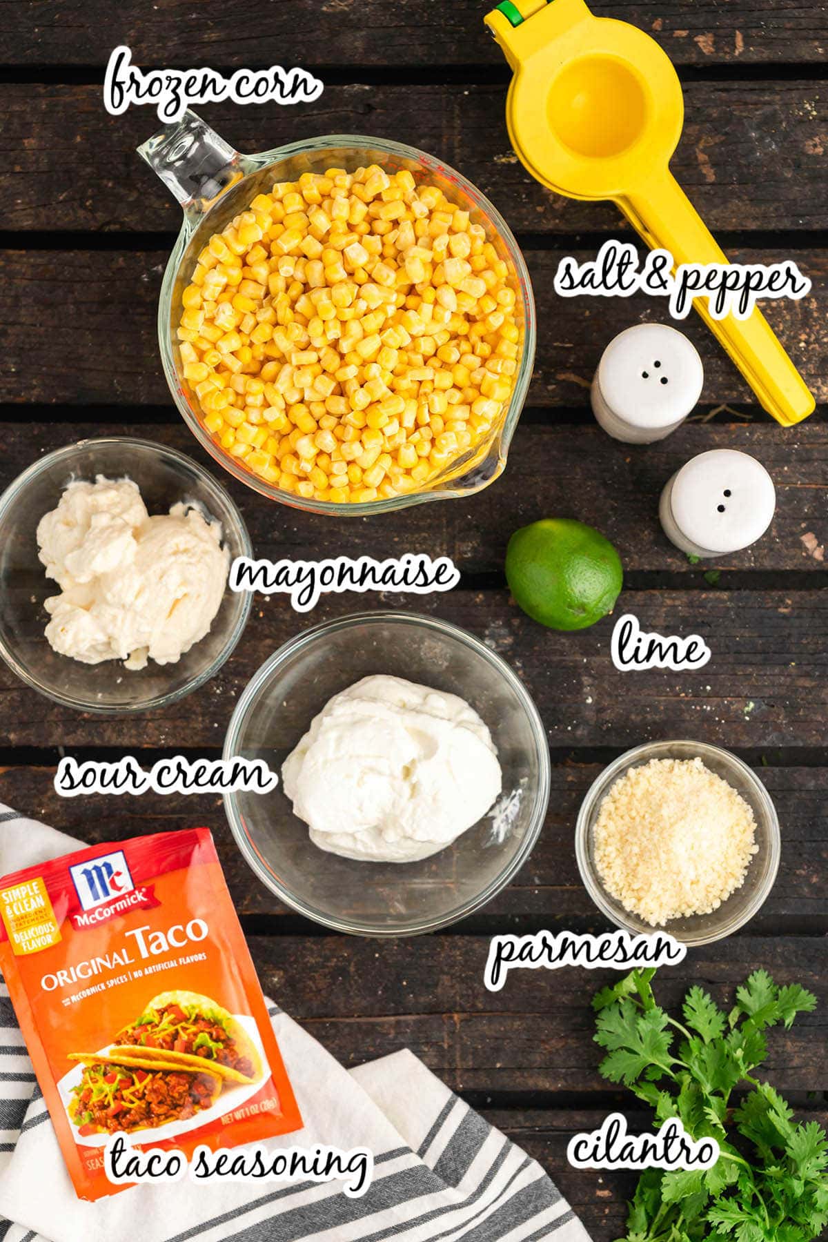 Ingredients to make corn casserole with print overlay.