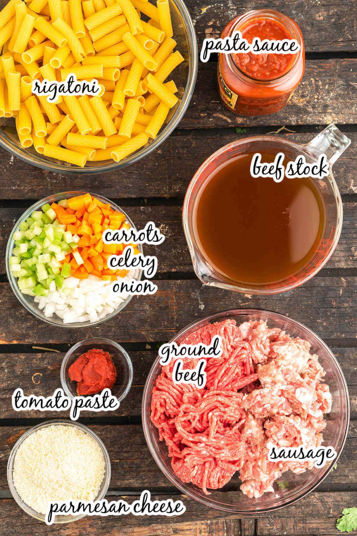 Ingredients to make pasta recipe, with print overlay. 
