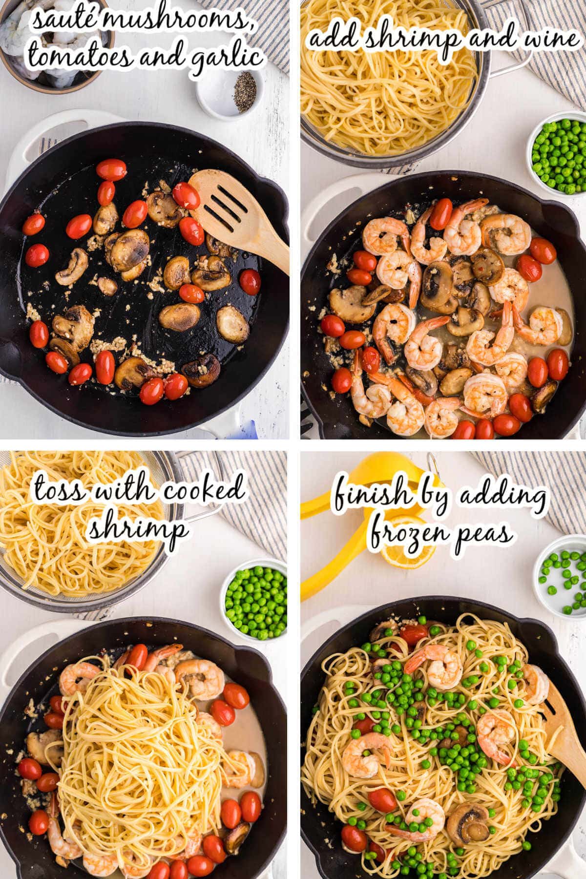 Step by step instructions to make Shrimp Scampi with Vegetables, with print overlay. 