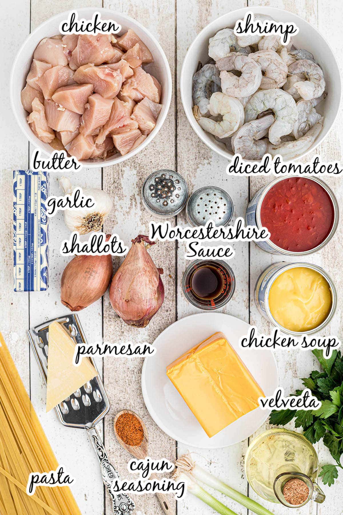 Ingredients to make the pasta dish. With print overlay for clarification. 