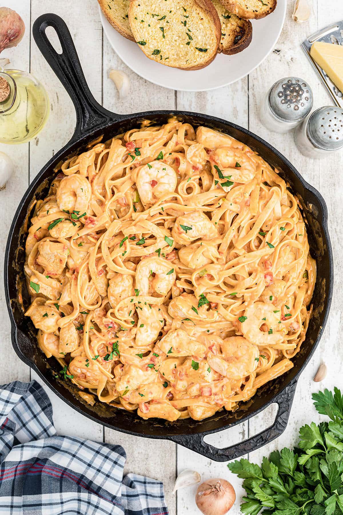 Shrimp and Chicken Pasta in a cast iron skillet. 