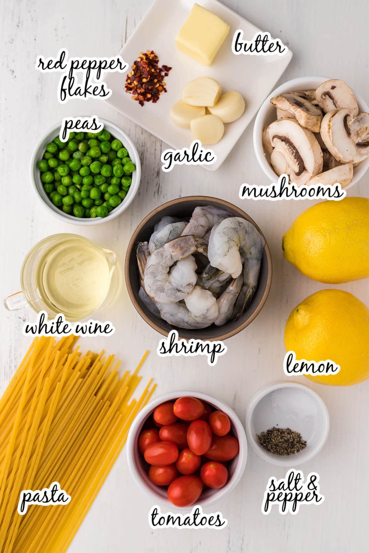 Ingredients for pasta recipe. With print overlay.