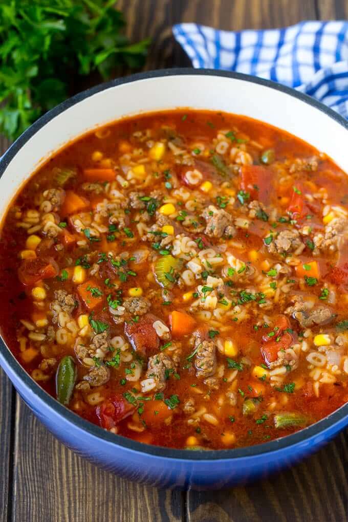 Ramen noodle ground beef stir fry in skillet. 