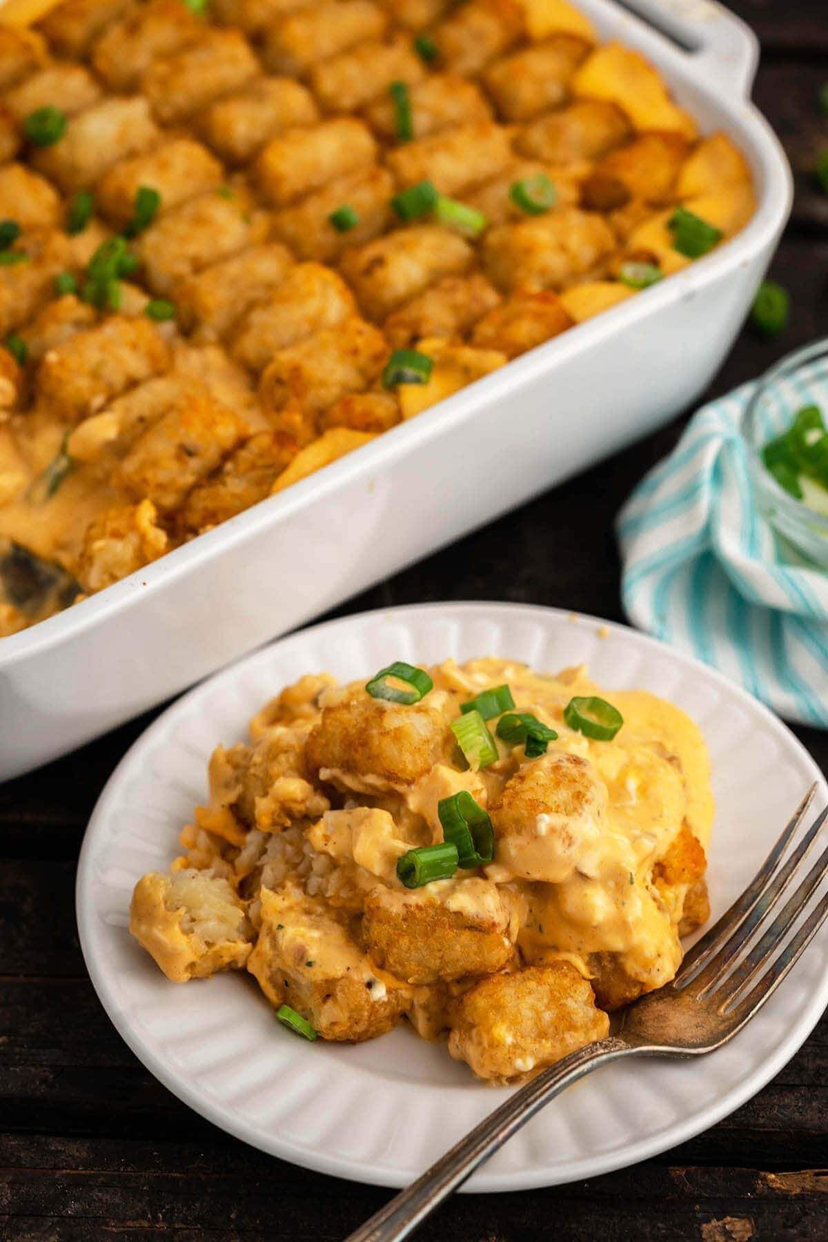 Buffalo Chicken Tater Tot Casserole in baking dish.