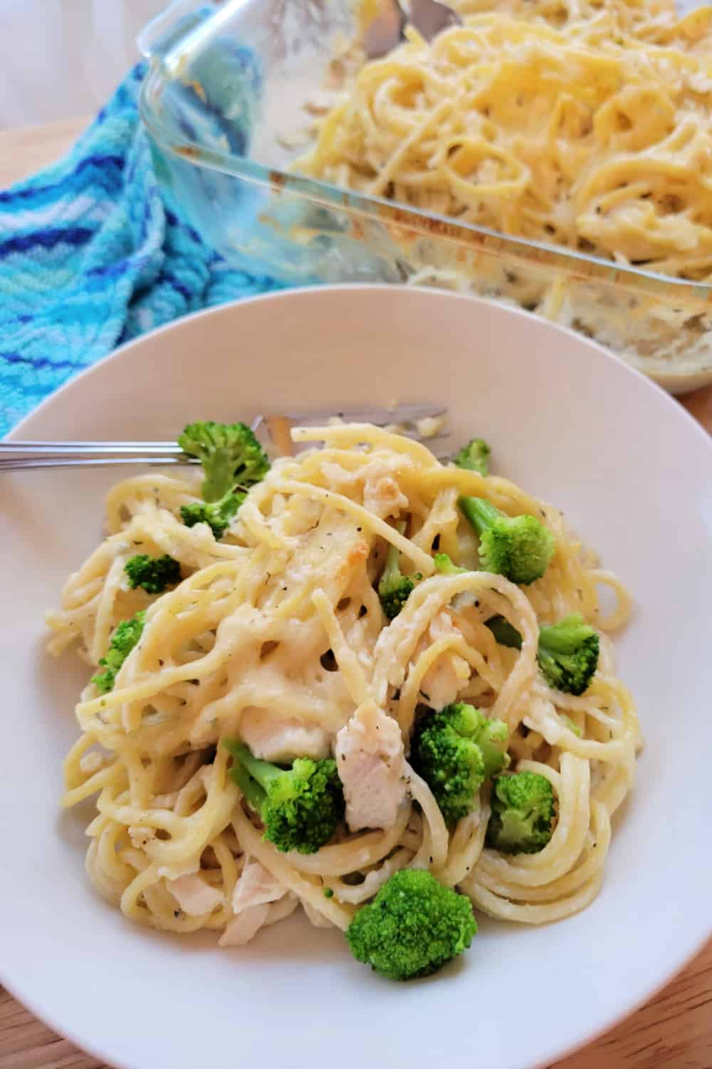 Chicken Broccoli pasta bake on plate. 
