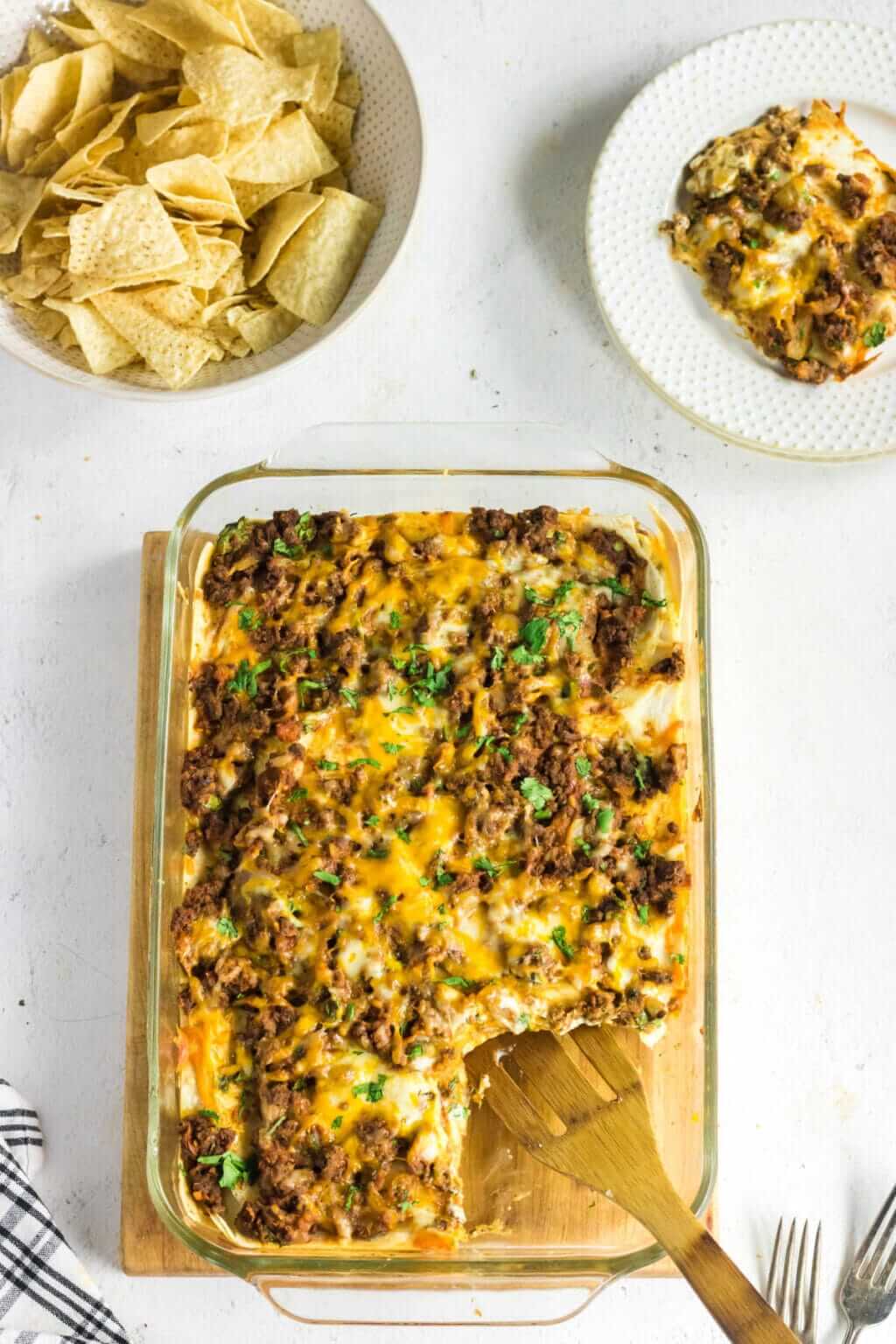 Burrito casserole in baking dish. 