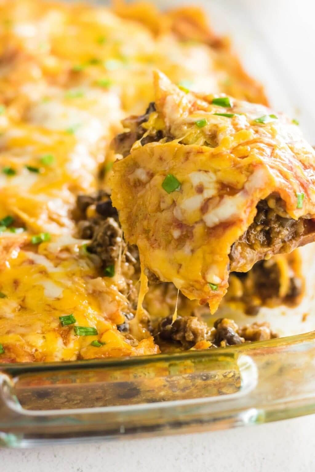 Enchilada casserole in baking dish. 