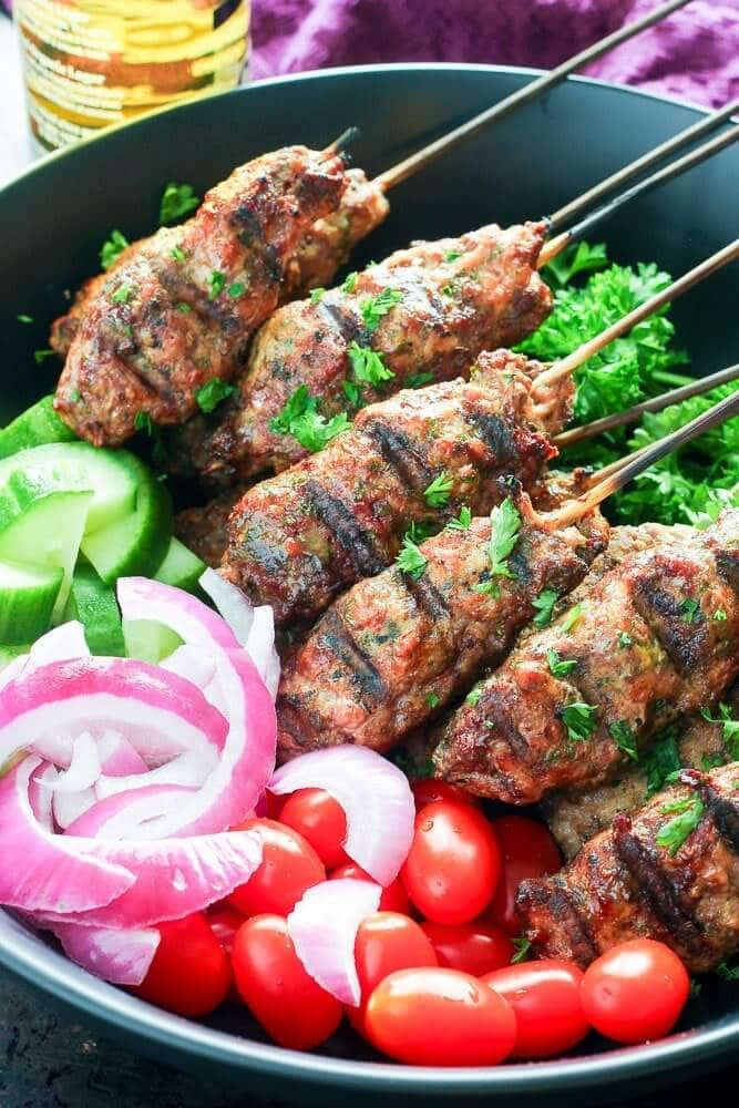 Grilled Beef Kabobs in bowl. 