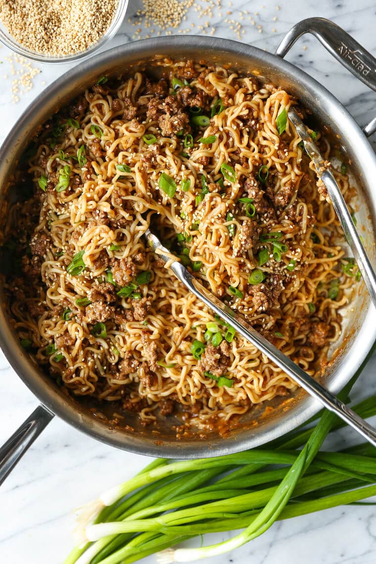 Ground beef Ramen stir fry in skillet. 