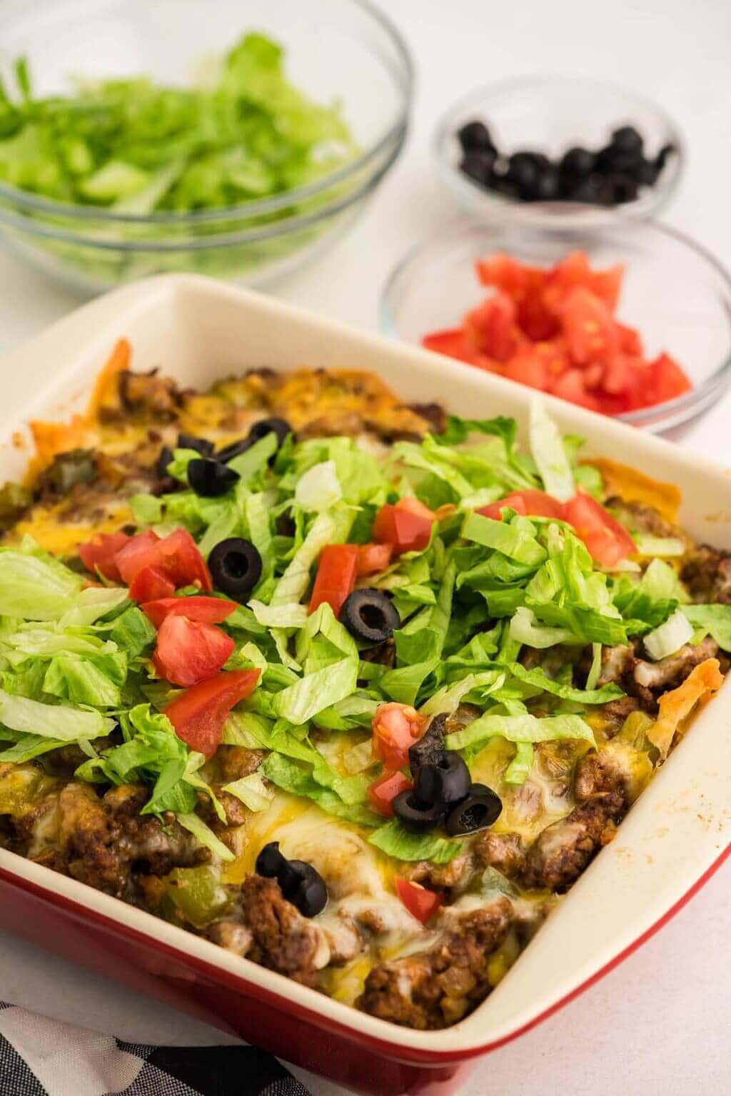 Taco Salad Casserole in baking dish. 