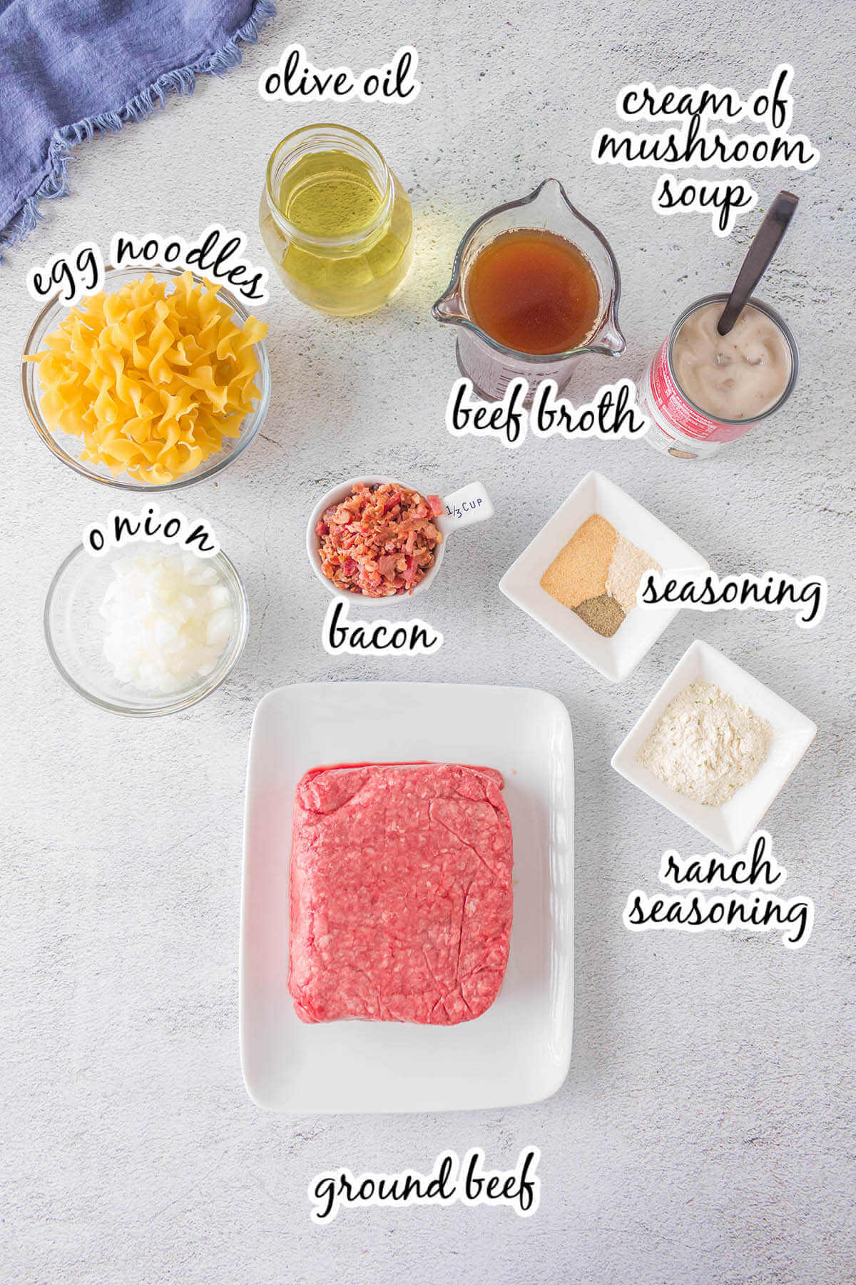 Ingredients to make pasta dish. With print overlay.