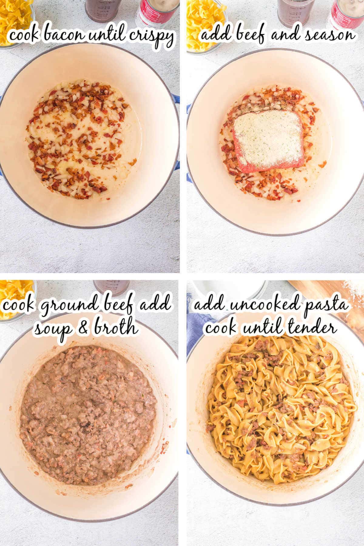 Step by step instructions to make pasta dish. With print overlay.