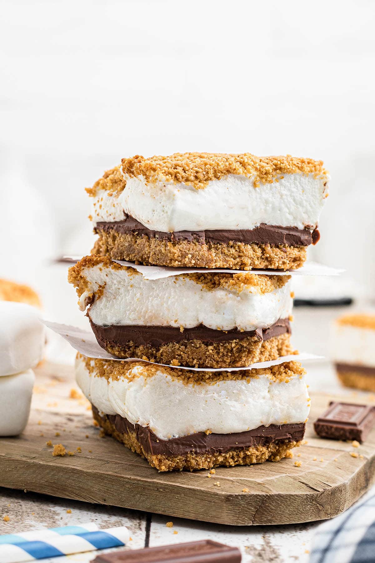Stack of s'mores bars on platter.