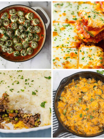 Collage of photos of Ground Beef and Zucchini Casserole Recipes.