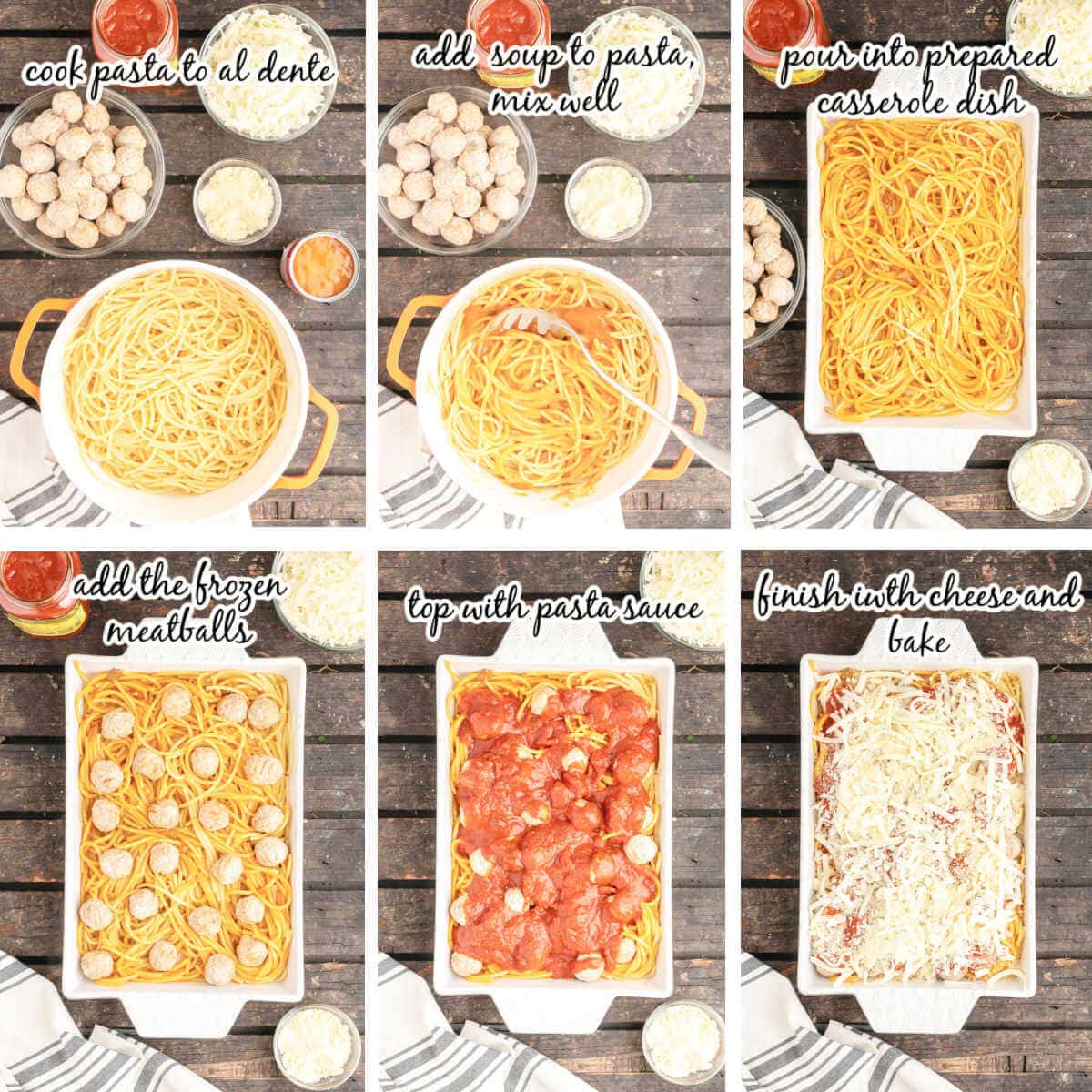 Collage of photos to make pasta casserole dish, with print overlay.