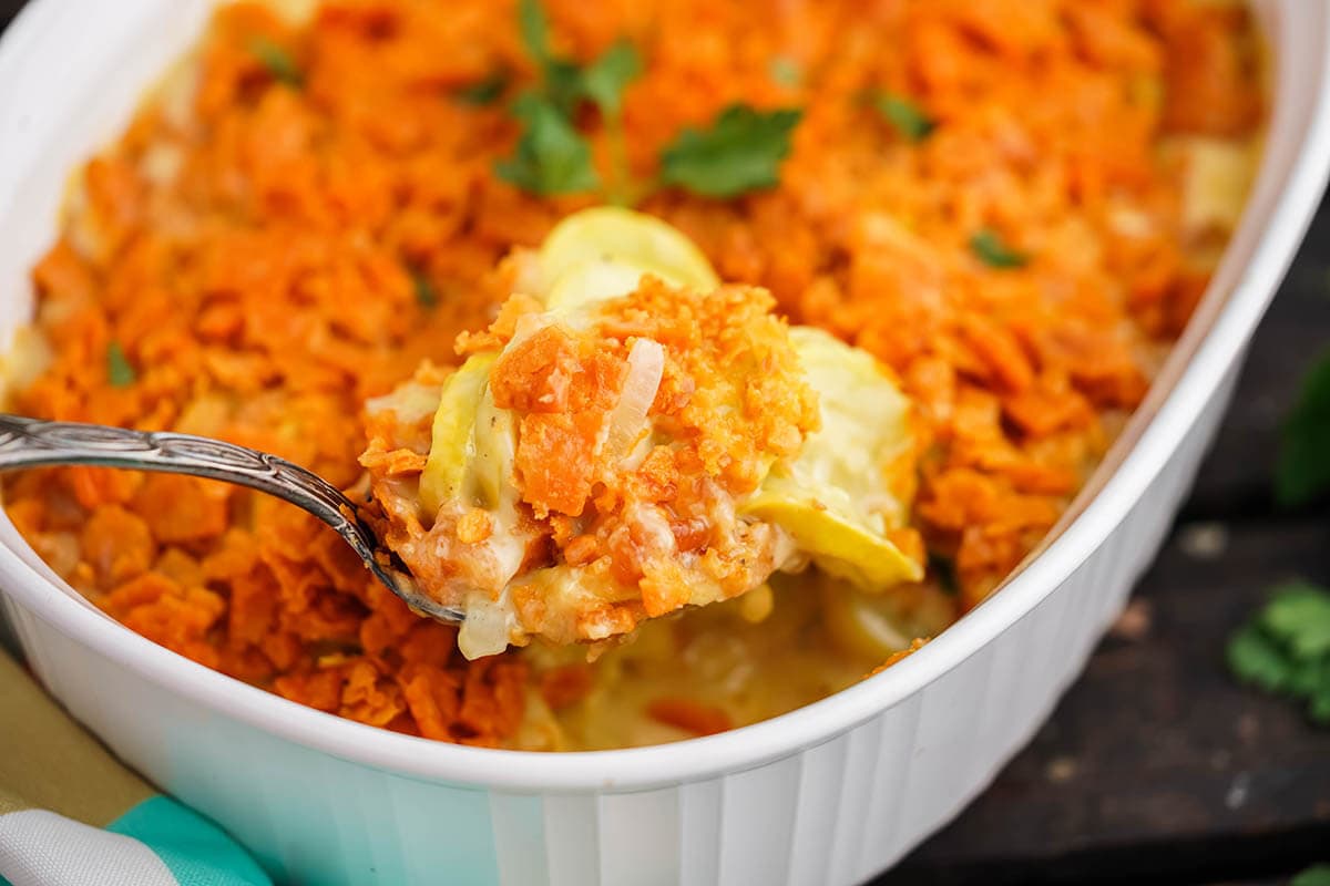 Baked Casserole in dish with serving spoon.
