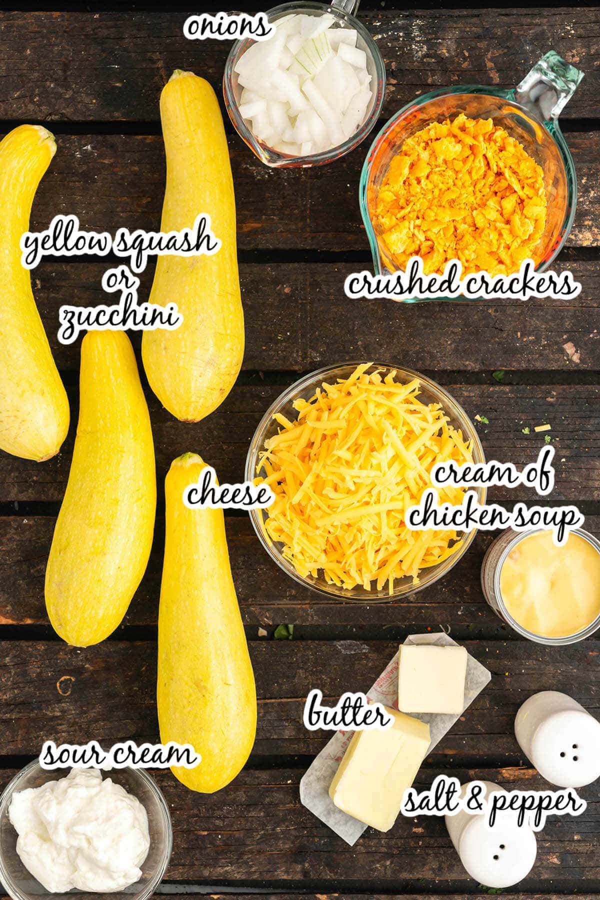 Ingredients to make Old Fashioned Squash Casserole, with print overlay.