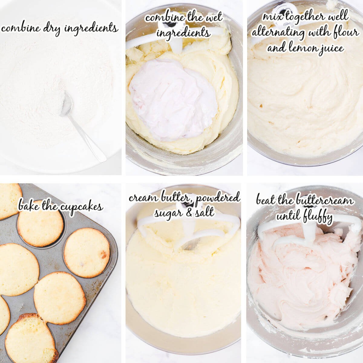 Step by step instructions to make cupcake recipe, with print overlay.