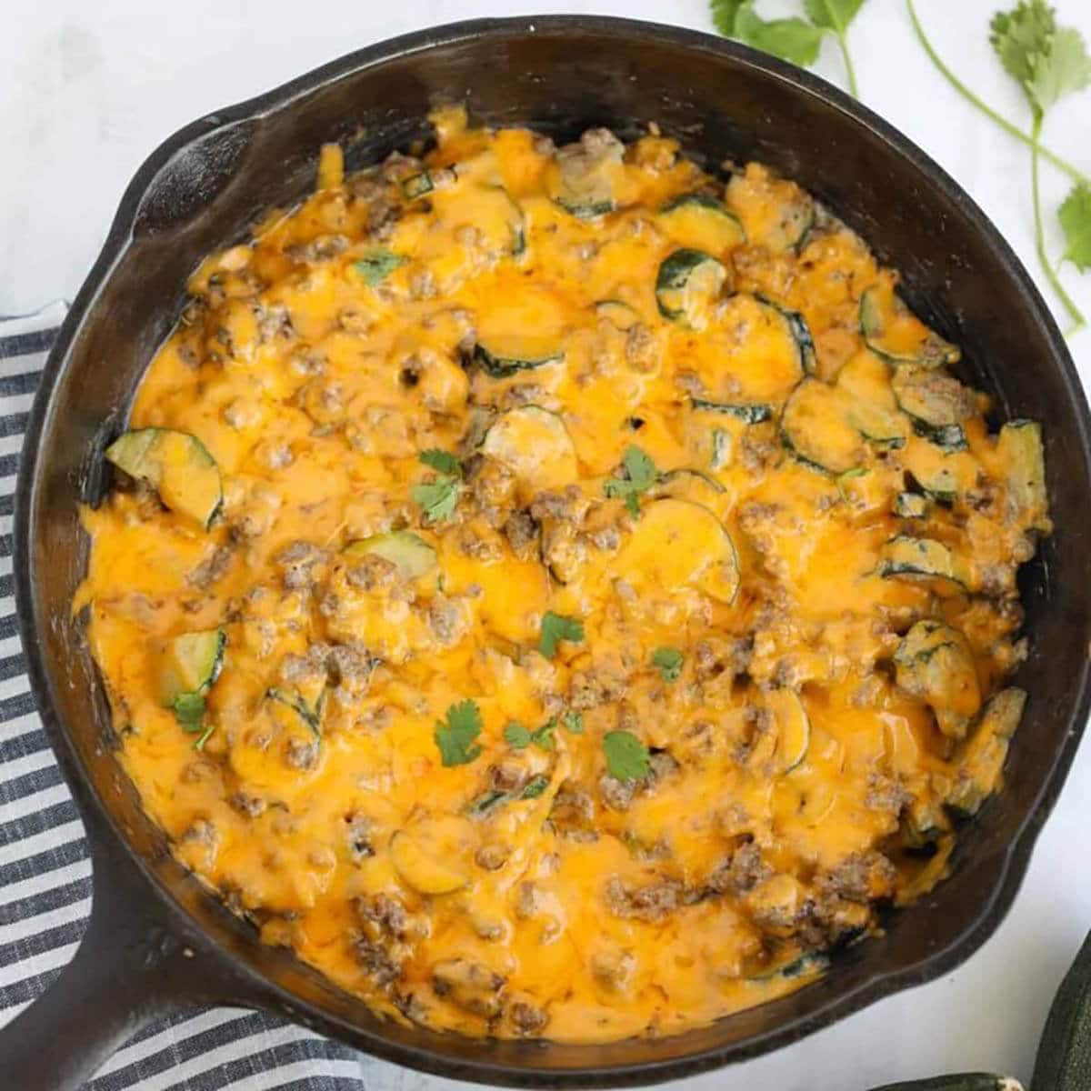 Ground beef and zucchini casserole recipes in cast iron skillet.