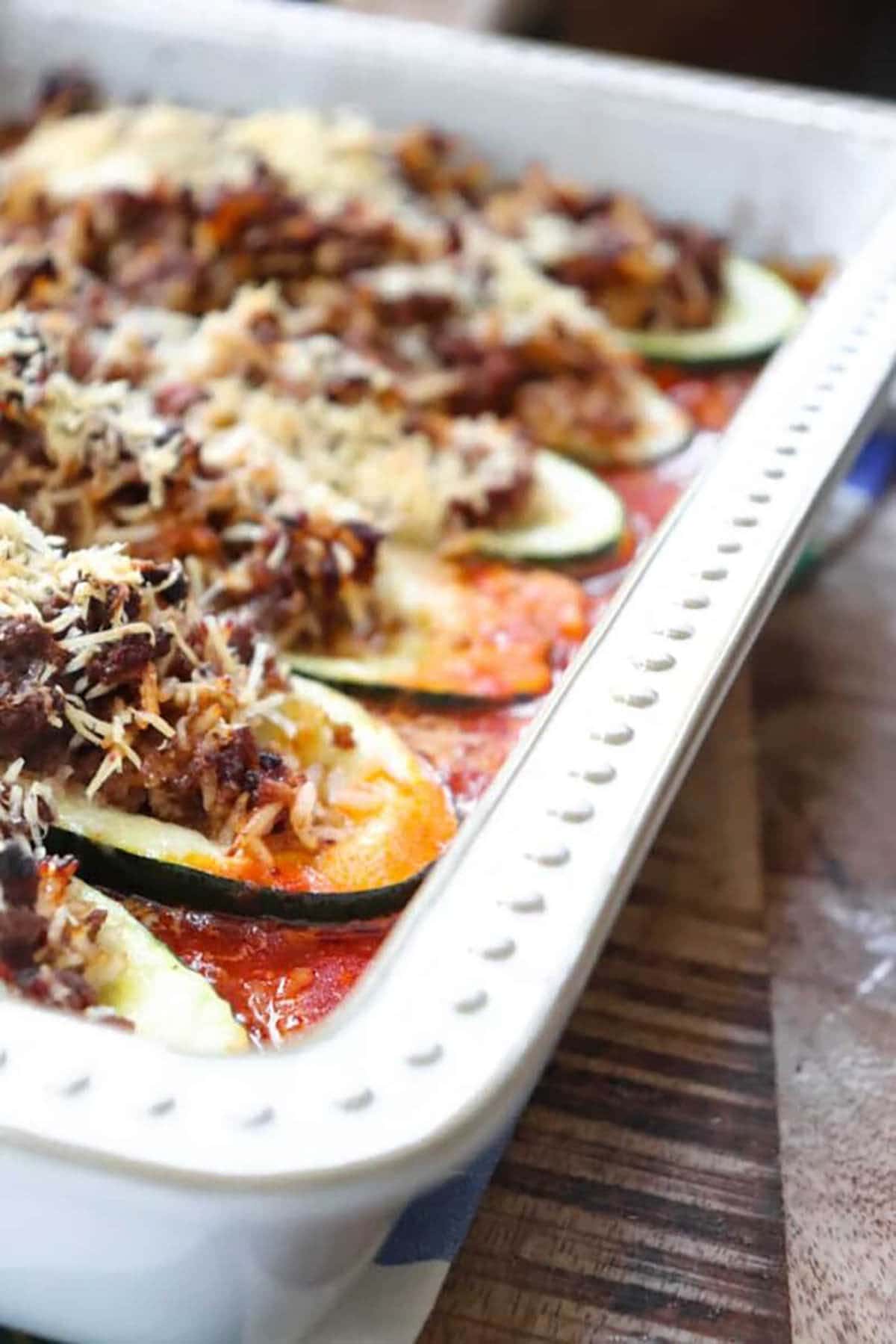 Rice stuffed zucchini casserole in baking dish.