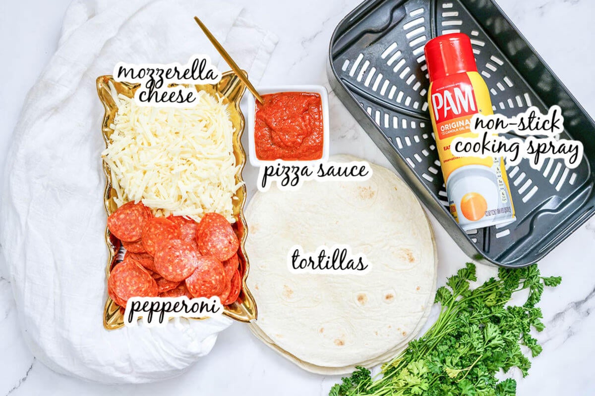 Ingredients to make air fryer recipe with print overlay.