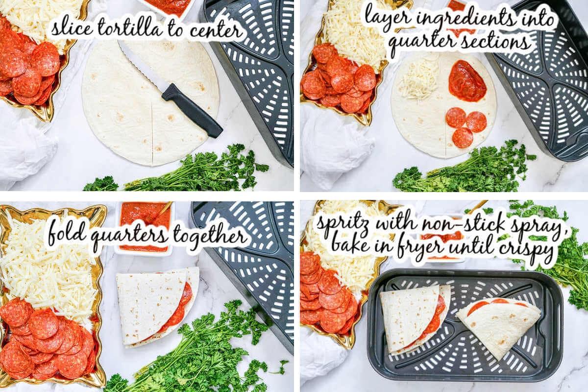 Step by step instructions make easy pizza recipe, with print overlay.