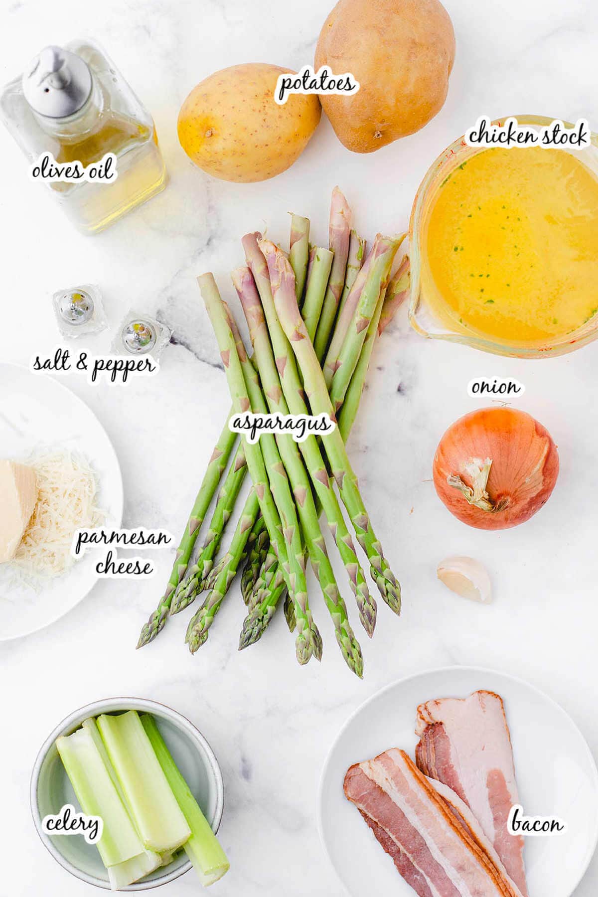 Ingredients to make asparagus soup recipe, with print overlay.