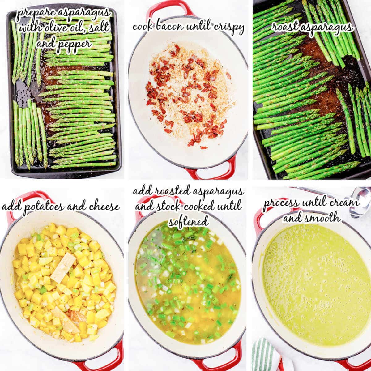 Step by step instructions making asparagus soup recipe. With print overlay.