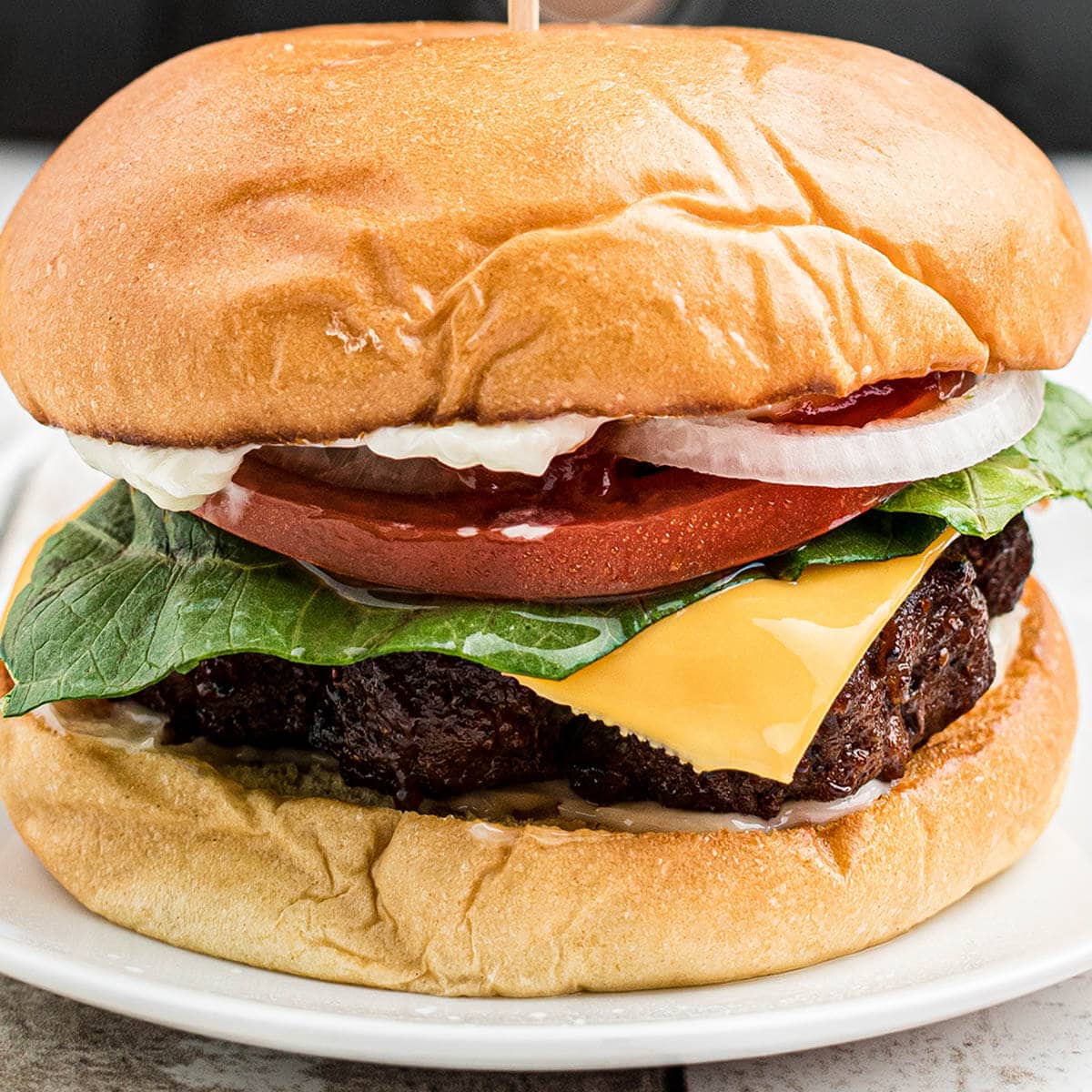 Air Fryer Hamburger on plate loaded with lettuce, tomato slices and onions.