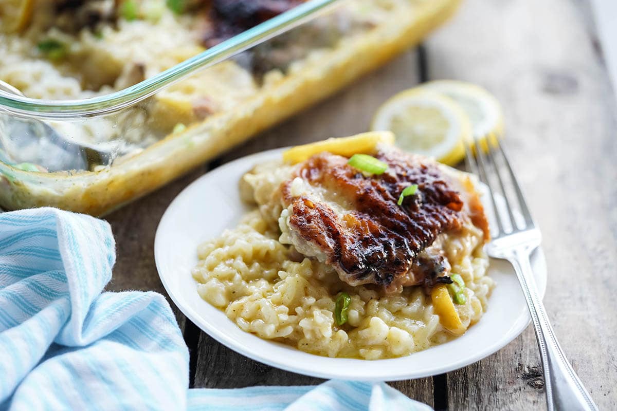 Lemon Chicken Casserole on plate with fork.