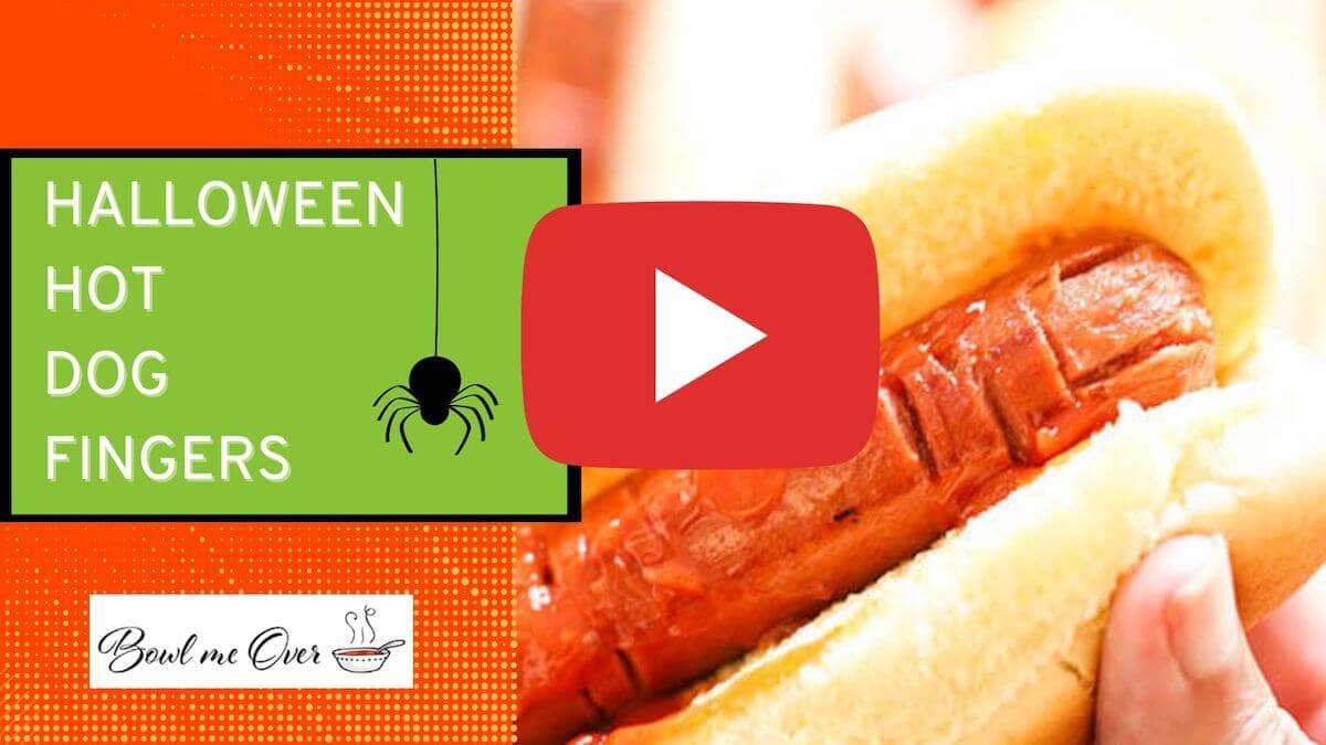 Halloween Hot Dog Finger in bun, with print overlay for YouTube.