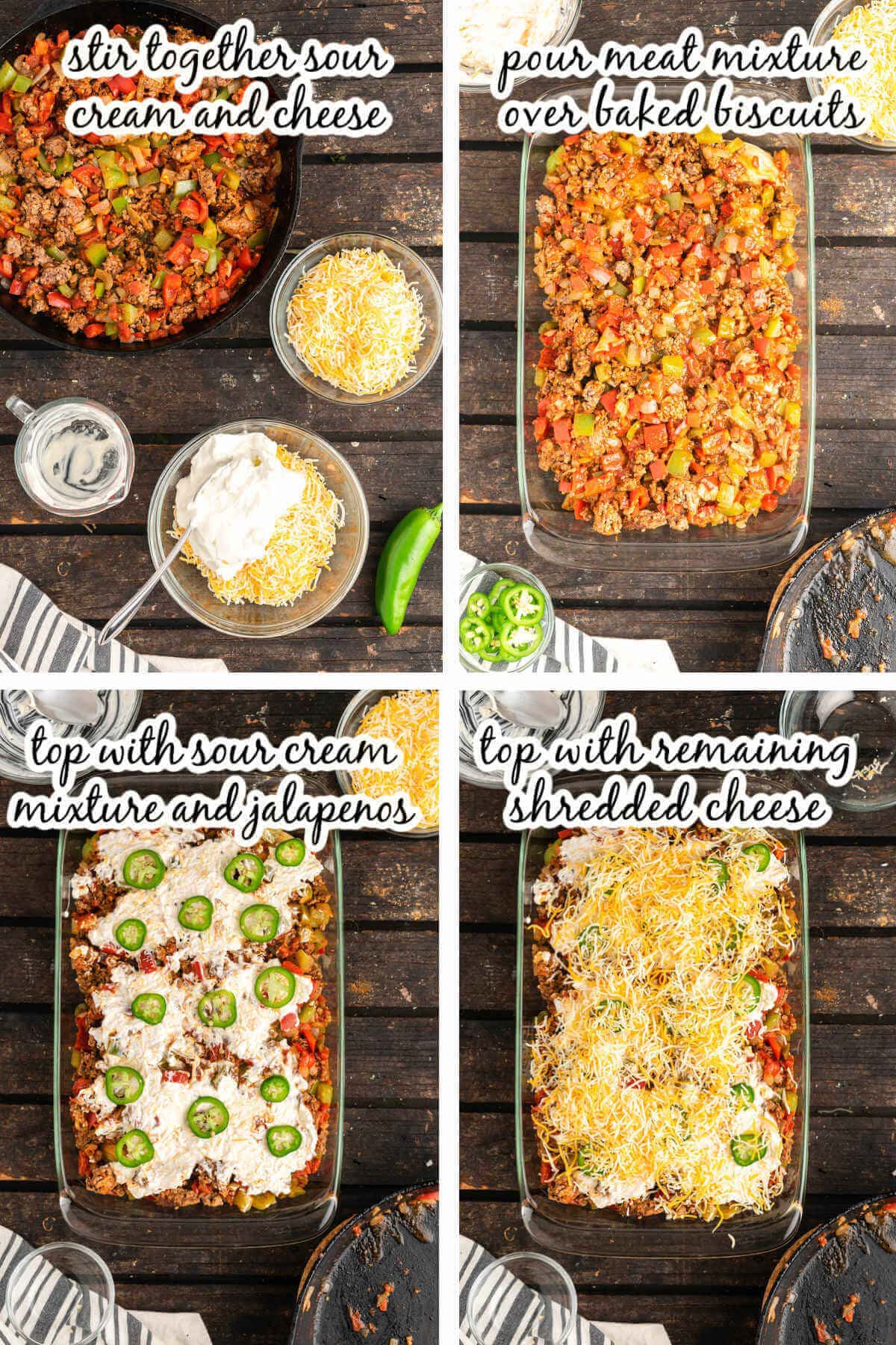 Collage of photos showing how to top casserole dish with remaining ingredients, with print overlay.