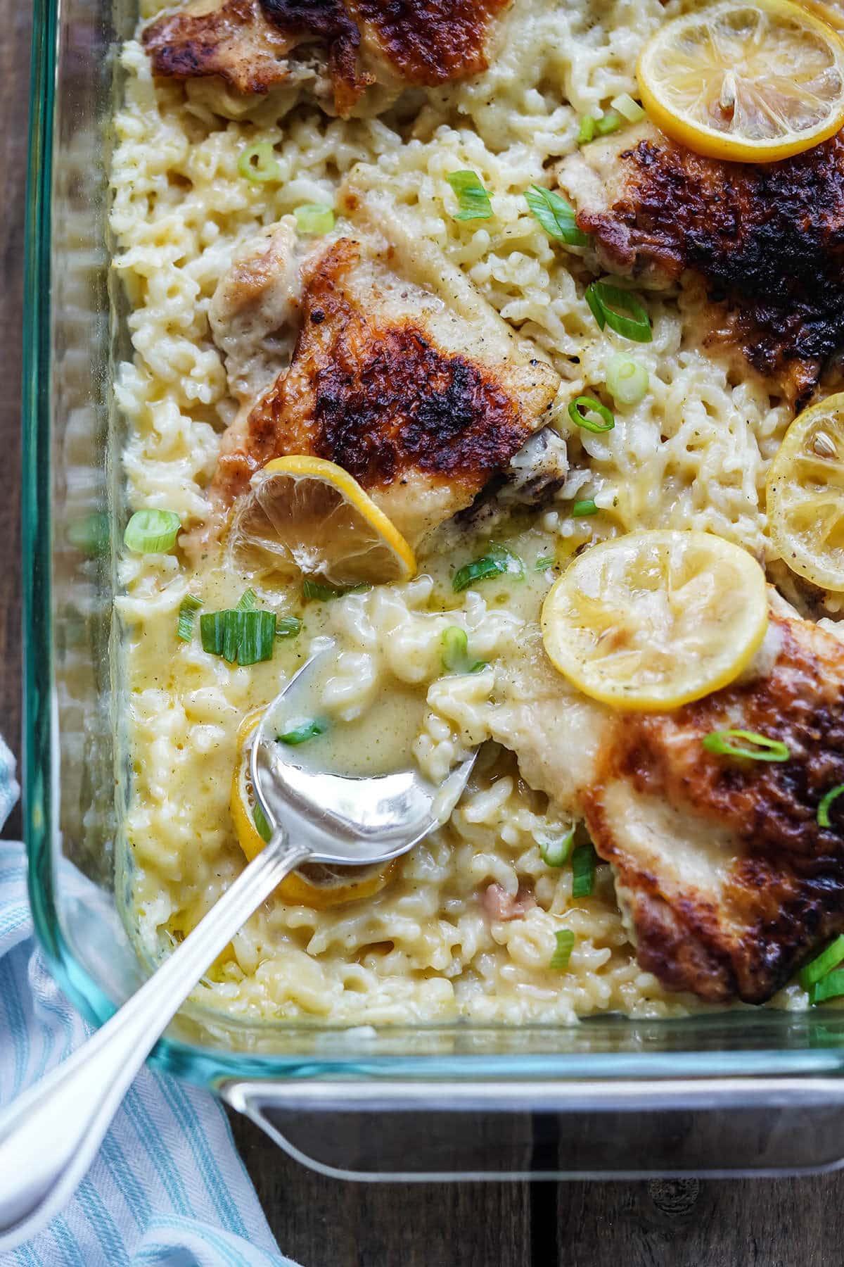 Baked chicken and rice casserole in baking dish.