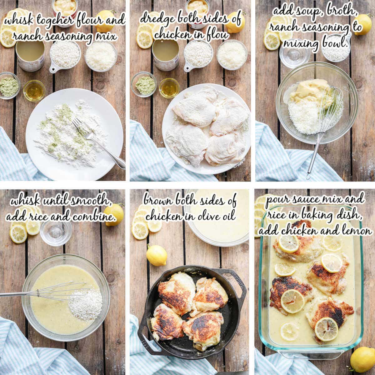 Collage of photos with step by step instructions to make Lemon Chicken Casserole Recipe, with print overlay.