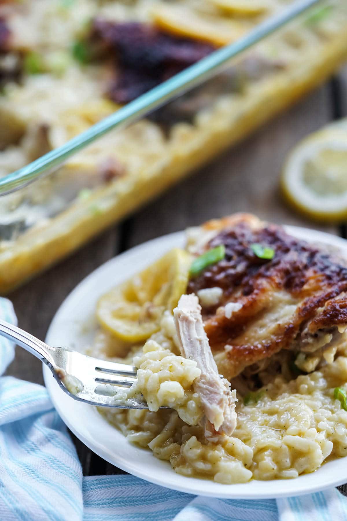 Lemon Chicken Casserole on plate with fork.