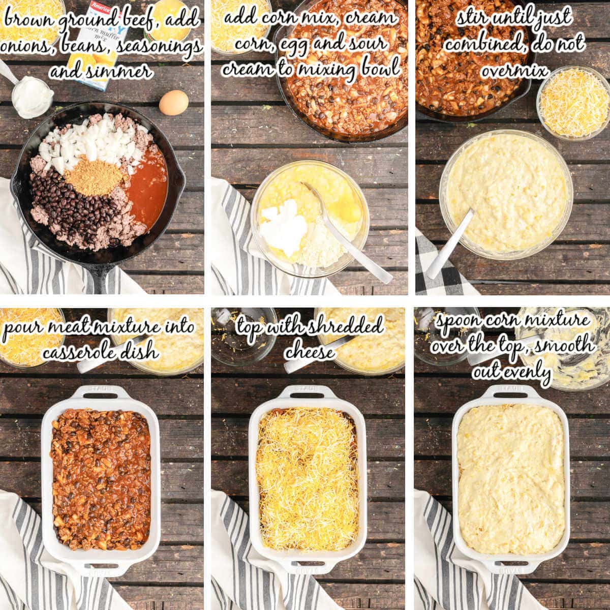 Step by step instructions to make tamale pie recipe, with print overlay.