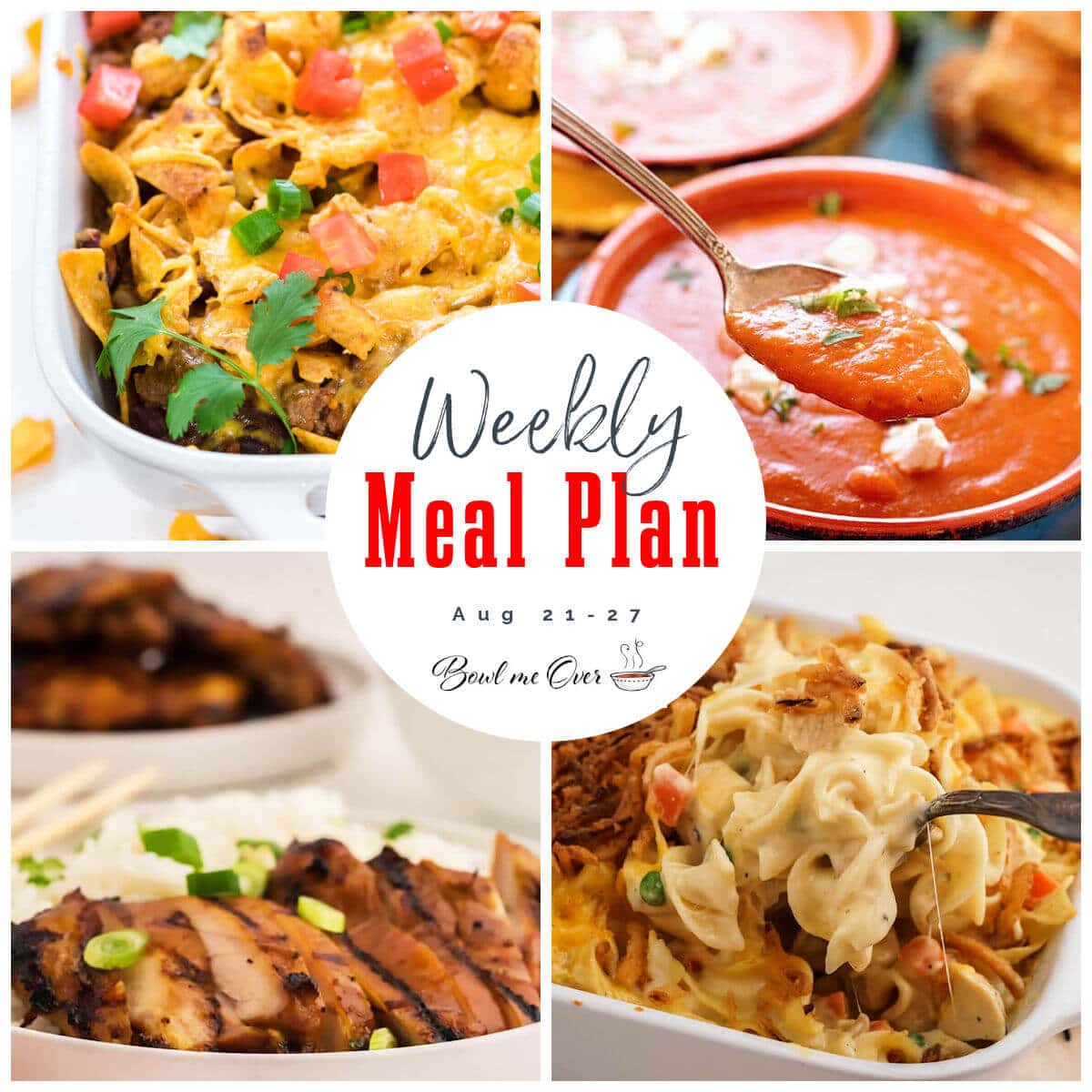 Weekly Meal Plan 34 with collage of photos for recipes. With print overlay for social media.