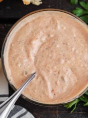 Sauce in bowl with spoon.