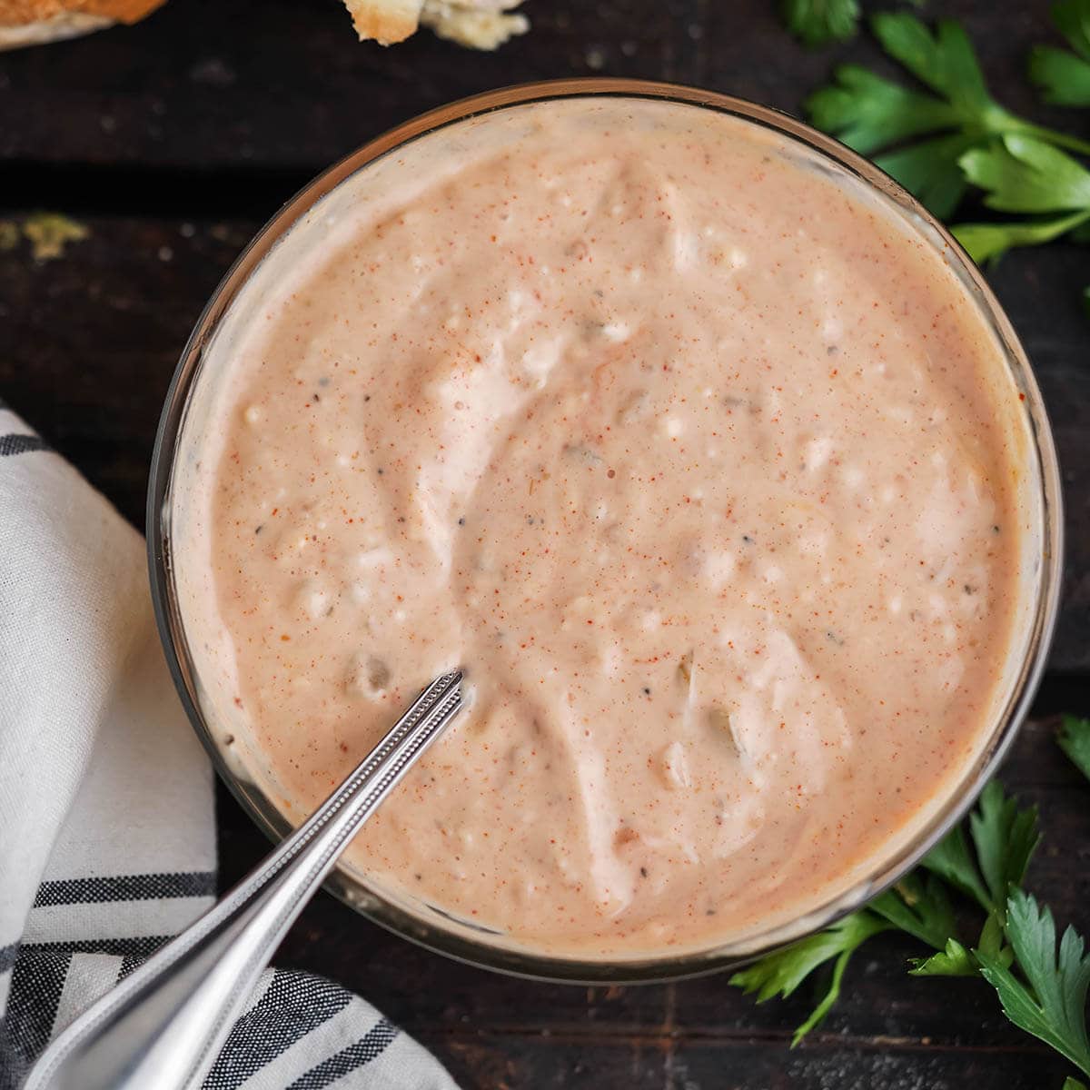 Sauce in bowl with spoon.