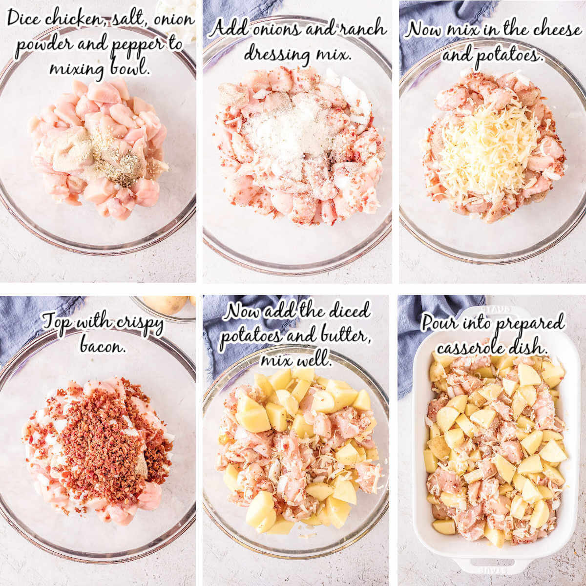 Step by step instructions to make Chicken Bacon Ranch Potato Bake with print overlay.