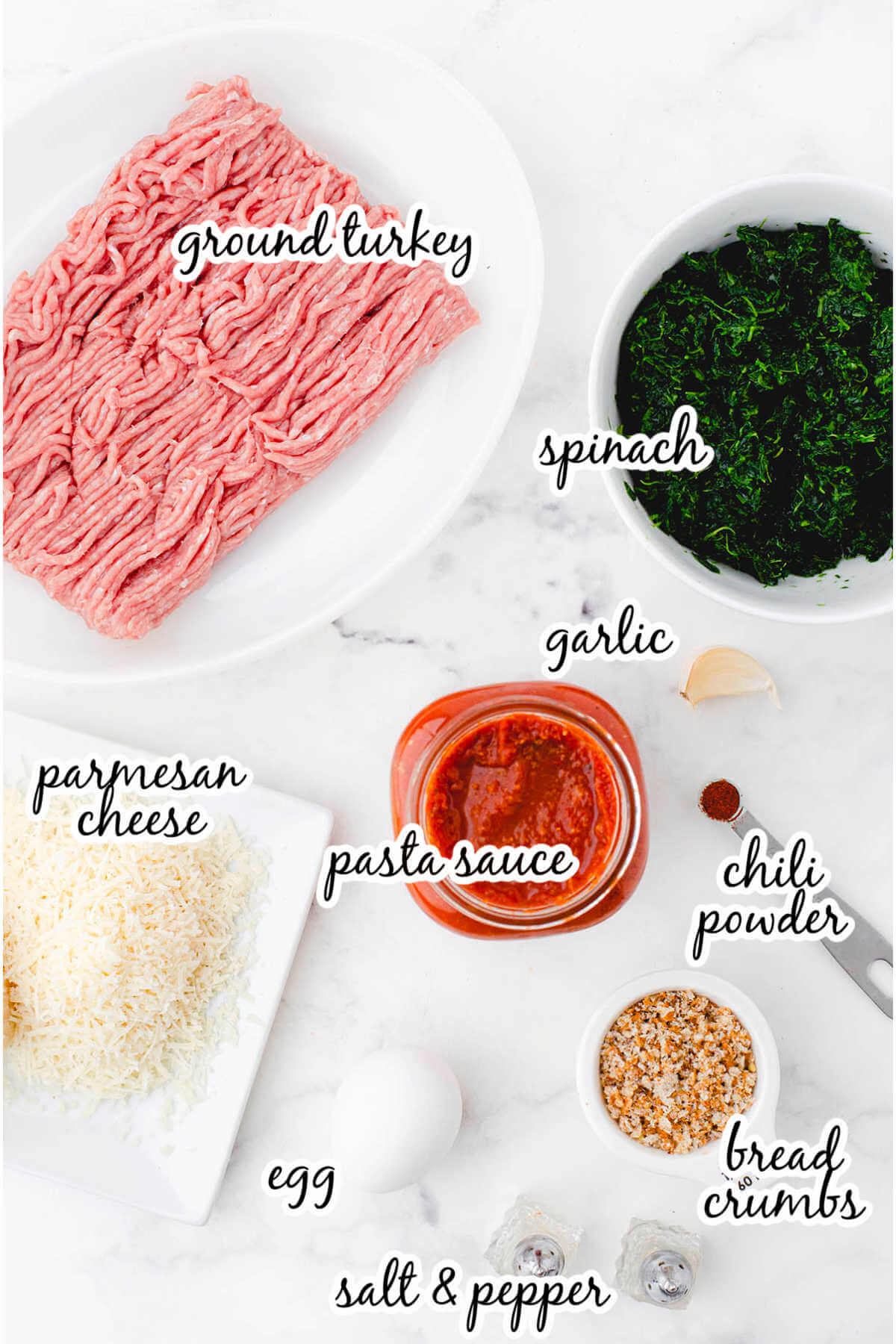 Ingredients to make meatball recipes, with print overlay.