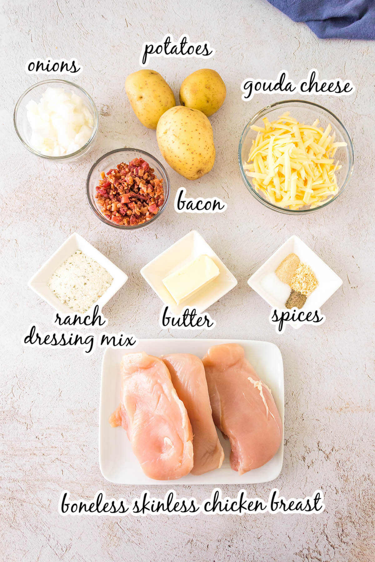 Ingredients to make Chicken Bacon Ranch Potato Bake with print overlay.