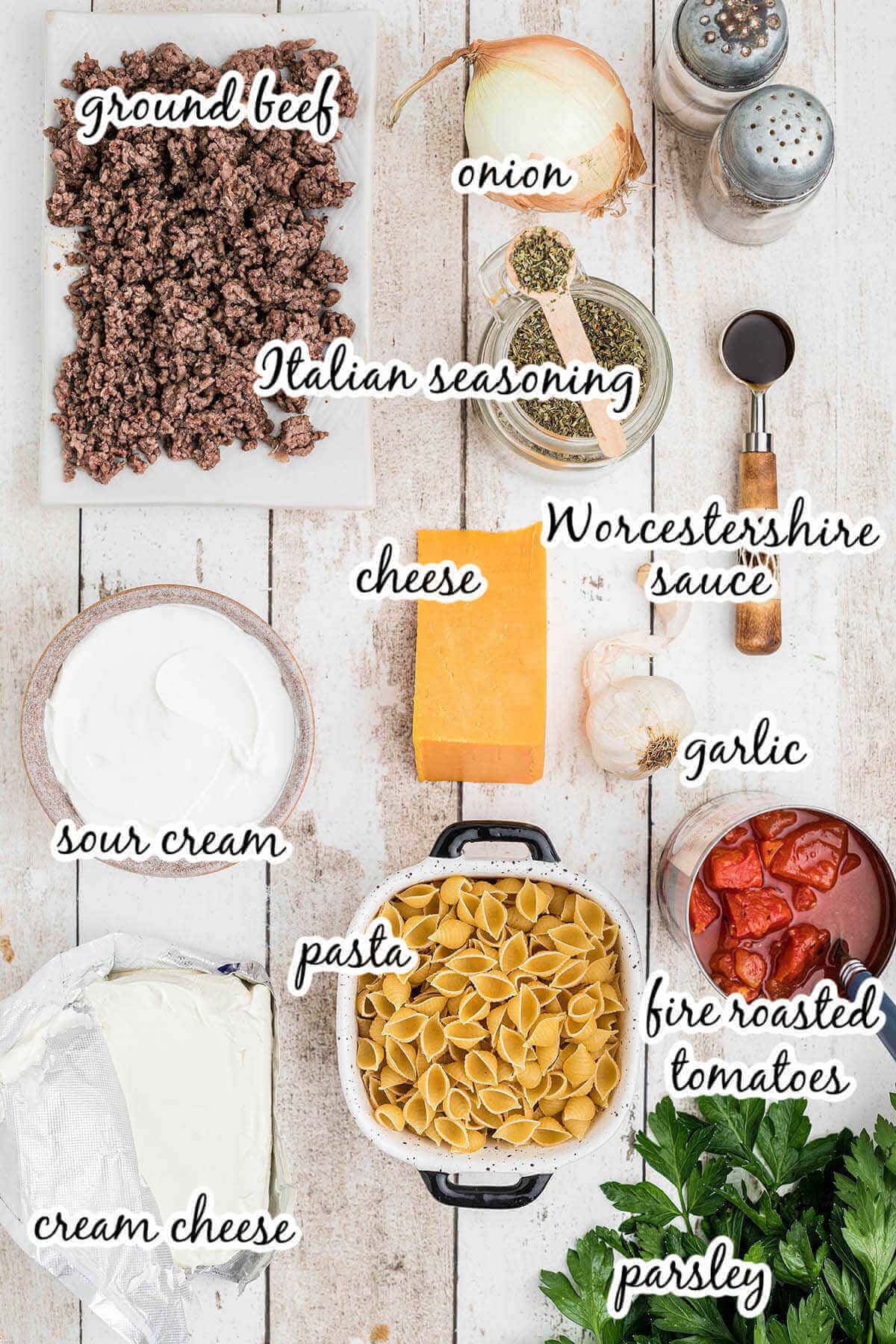 Ingredients for casserole recipe, with print overlay.