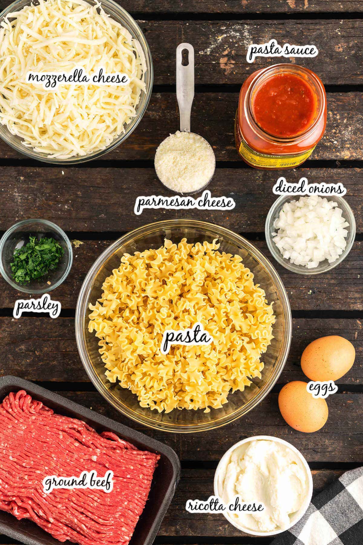 Lazy Lasagna Casserole ingredients, with print overlay.