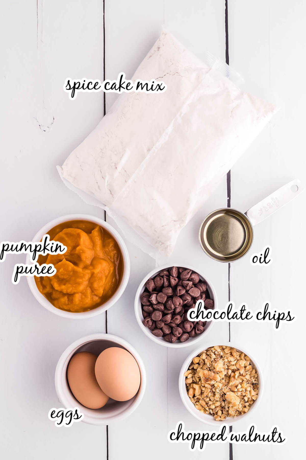 Ingredients to make Chocolate Chip Pumpkin Bread Recipe, with print overlay.