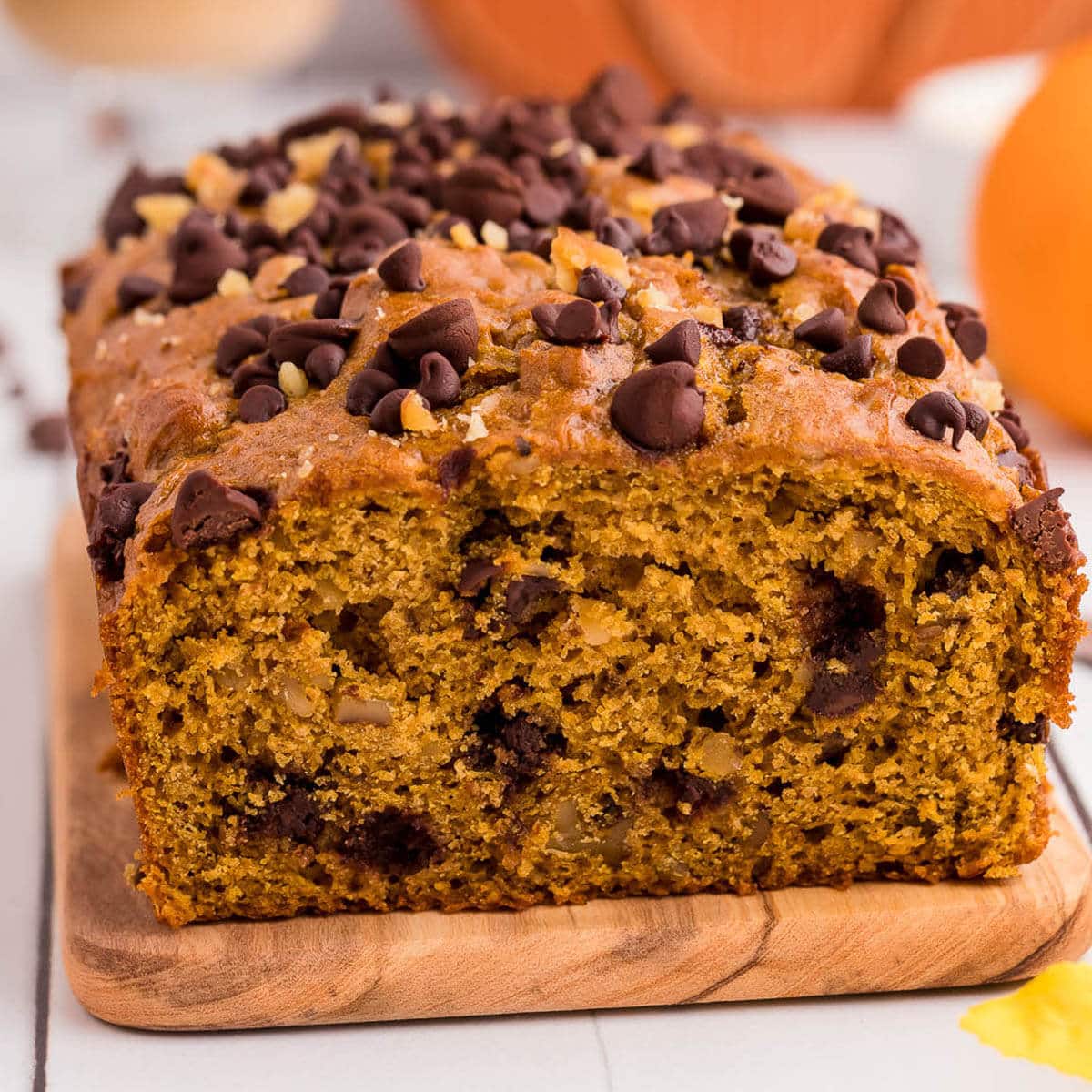 Pumpkin Chocolate Chip Bread on small cutting board.