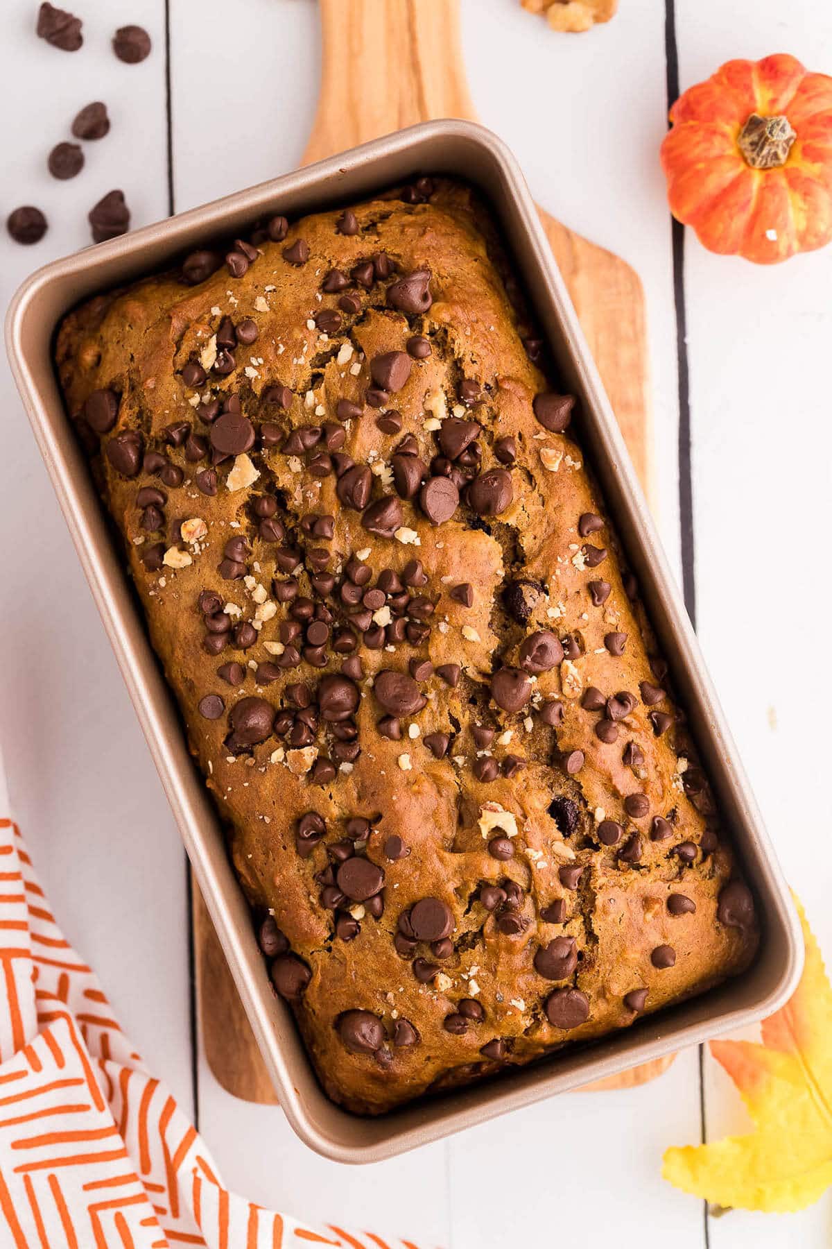 Chocolate Chip Pumpkin Bread Recipe in loaf pan.