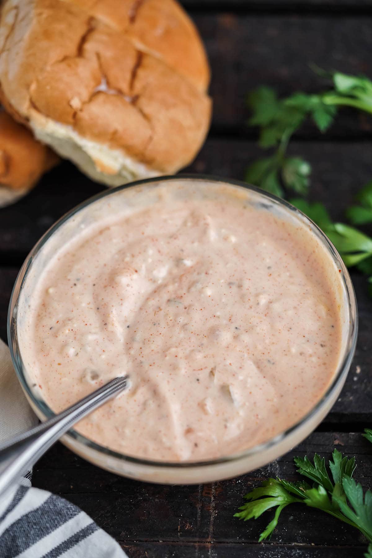 Smashburger sauce recipe in bowl with serving spoon.